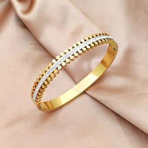 Fashion 316L Titanium Steel Zirconia Inlaid Bangle For Women Double Row Round Nails Buckle Hinge Bracelet Gold Rose Gold Silver Jewelry