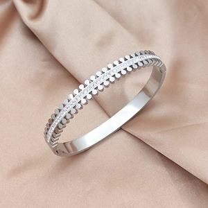 Elegant silver stainless steel double-row stud bangle with clear crystal inlay for women