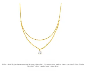 Detailed view of dual-layer gold titanium necklace with sparkling zircon pendant