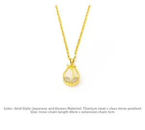 Close-up of golden tulip necklace with white opal pendant and zircon details on titanium steel