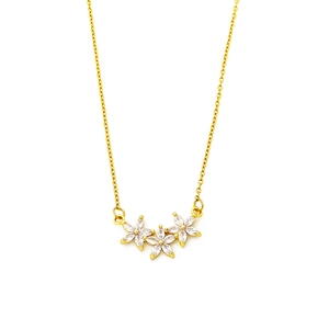 Gold petal zircon pendant necklace with three flowers made of marquise cut stones