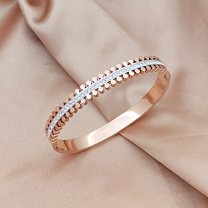 Elegant rose gold titanium steel bracelet with double rows of round beads and crystals