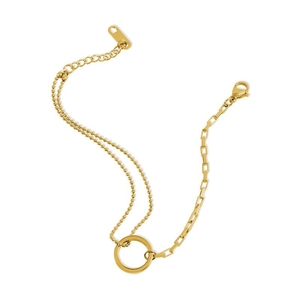 Minimalist gold titanium steel geometric bracelet with double bead chain and central ring