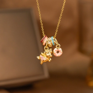 Enamel unicorn necklace with golden chain and pink donut pendant in high quality finish