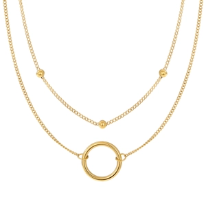 Collana a doppio strato dorata con perline di metallo e un grande ciondolo ad anello