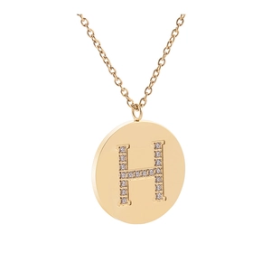 Elegante collana dorata con pendente circolare e lettera H impreziosita da zirconi lucenti