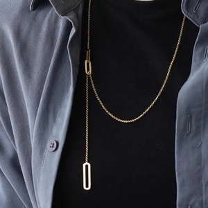 Stainless Steel Geometric Y-Shaped Long Necklace Adjustable Rectangle Hollow Link Sweater Chain Gold Silver Jewelry For Women
