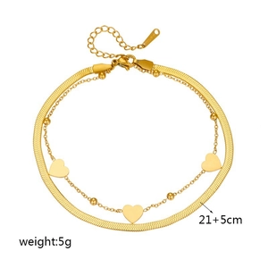 Double-layer gold stainless steel anklet with heart pendants and flat snake chain