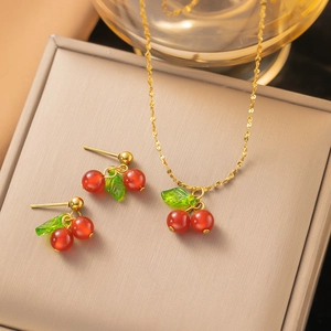 Titanium Steel Cherry Pendant Necklace And Stud Earrings Gold Plated Red Fruit Green Leaf Sweet Cute Jewelry Accessories