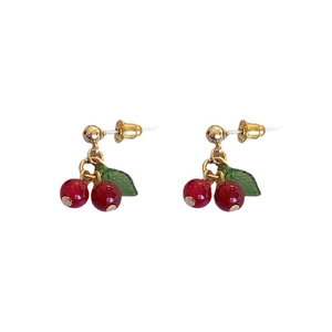Elegant gold cherry drop earrings with red beads and green leaf charm for women