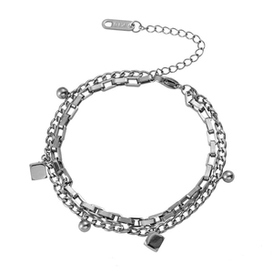 Bracelet double chaîne en acier inoxydable avec pendentifs sphère et cube et marquage K18