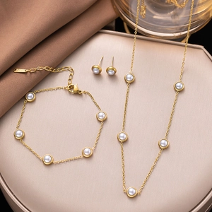 Parure de Bijoux en Acier Inoxydable pour Femme Plaqué Or Collier Künstliche Perles Rondes Bracelet Boucles d'Oreilles Clous