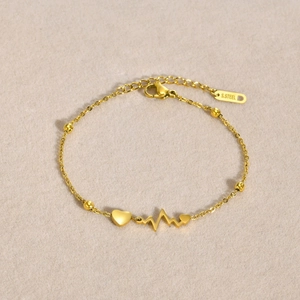 Minimalist double-layer gold stainless steel heart and EKG wave bracelet with beads
