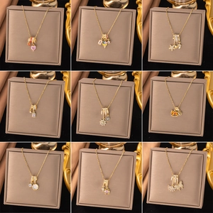 Titanium Steel Copper Rhinestone Pendant Necklace for Women Heart Star Butterfly Flower Charm Fashion Jewelry Gift