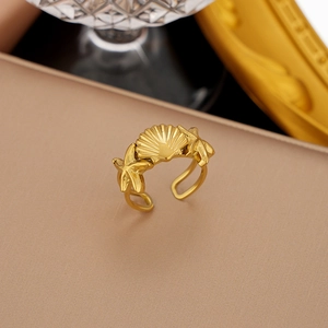 Golden titanium steel adjustable ring with shell and starfish design for ocean style