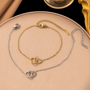 Bracelet et Collier en Acier au Titane avec Double Cœur pour Femme Bijoux Minimalistes Cœurs Entrelacés Cadeau Quotidien