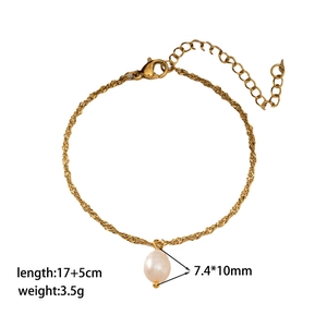 Detail of gold chain bracelet with teardrop pearl charm showing 17+5cm length and 3.5g weight