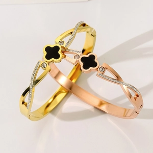 Elegant Four Leaf Clover Open Bangle Stainless Steel Titanium Bracelet With Zirconia Gold Rose Gold Plated Women Jewelry