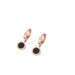 Rose gold Roman numeral drop earrings in stainless steel with black circular inlay