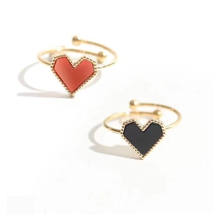 Bague Ajustable en Acier Titane en Forme de Cœur Style Français pour Femmes Plaqué Or Rouge Noir Blanc Nacre Vintage
