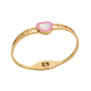 Bracelet cœur doré élégant avec incrustation de nacre blanche et zircons roses fins