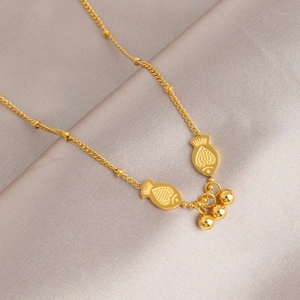Elegant gold titanium steel necklace with two fish pendants and dangling golden beads
