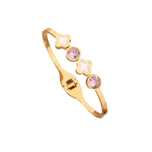 Polierter goldener Kleeblatt Armreif mit Perlmutt und rosa Strasssteinen