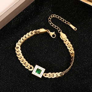 Titanium steel gold bracelet with emerald green gemstone and shimmering white zircon accents