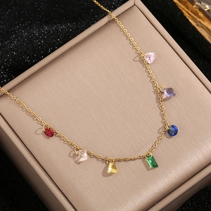 18K gold plated titanium necklace featuring rainbow gemstone pendants in various shapes