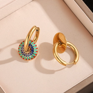 Vintage gold hoop earrings with colorful enamel mandala flower pendant for women