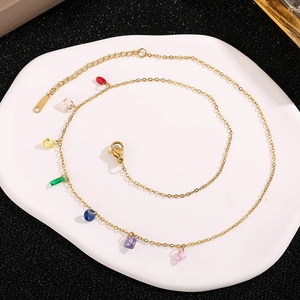 18K gold plated titanium necklace with rainbow zircon gemstones and adjustable lobster clasp