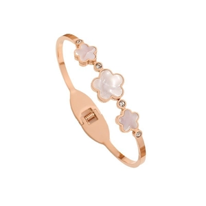 Rose gold titanium steel flower bangle with white mother-of-pearl and sparkling crystals