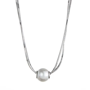 Double-layer silver snake chain necklace featuring a large white round pearl pendant