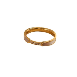Roségouden titanium stalen ring met witte schelp inleg en zirkoon accenten
