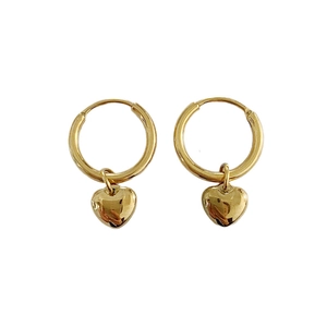 Polished golden heart pendant hoop earrings with clicker closure for women