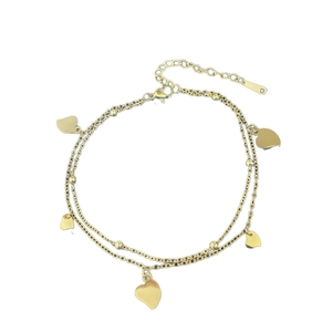 Double-layered golden stainless steel anklet with five polished heart charms and beads