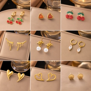 Edelstahl Ohrringe Für Damen 18K Vergoldet Herz Kirsche Künstliche Perle Blume Seestern Kreuz Knoten Mode Schmuck Geschenk