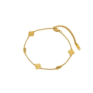 Goldenes Fußkettchen aus Titanstahl mit Kleeblatt- und Federanhängern an O-Kette