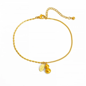 Golden gourd pendant necklace with Zhaocai engraved tag and adjustable curb chain