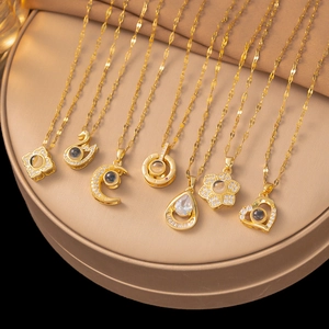 Stainless Steel Projection Necklace For Women 100 Languages I Love You Gold Plated Moon Heart Pendant Zircon Clavicle Chain
