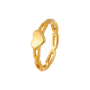 Bague coeur en or poli avec anneau évidé à maillons, présentée sous un angle de 45 degrés