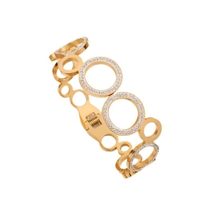Detail of gold hollow ring bracelet with sparkling rhinestone pavé and spring hinge