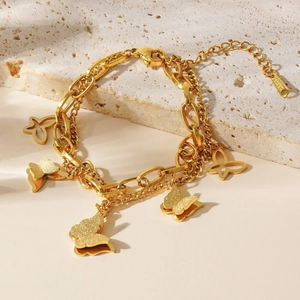 Elegant 18k gold plated double layer butterfly bracelet with shiny butterfly pendants