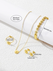 Detail shot of daisy jewelry set with dimensions for necklace, bracelet, ring and earrings