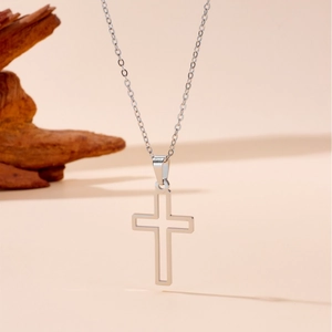 Polished stainless steel hollow cross pendant necklace on minimalist chain for women