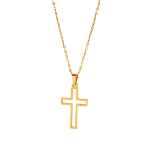 Polished stainless steel hollow cross pendant necklace in gold finish for women