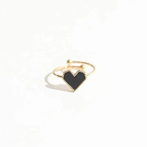 Bague cœur dorée ajustable avec centre noir et bordure à perles pour femmes