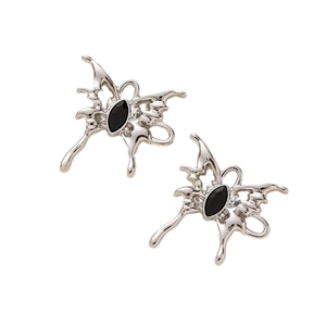 Silver butterfly drop earrings with hollow liquid metal lines and black marquise gemstones