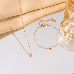 Elegant rose gold titanium steel necklace and bracelet set with round zircon accents