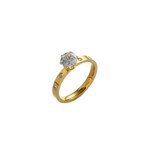 Elegant gold titanium steel ring featuring a six-prong round diamond and pavé side stones